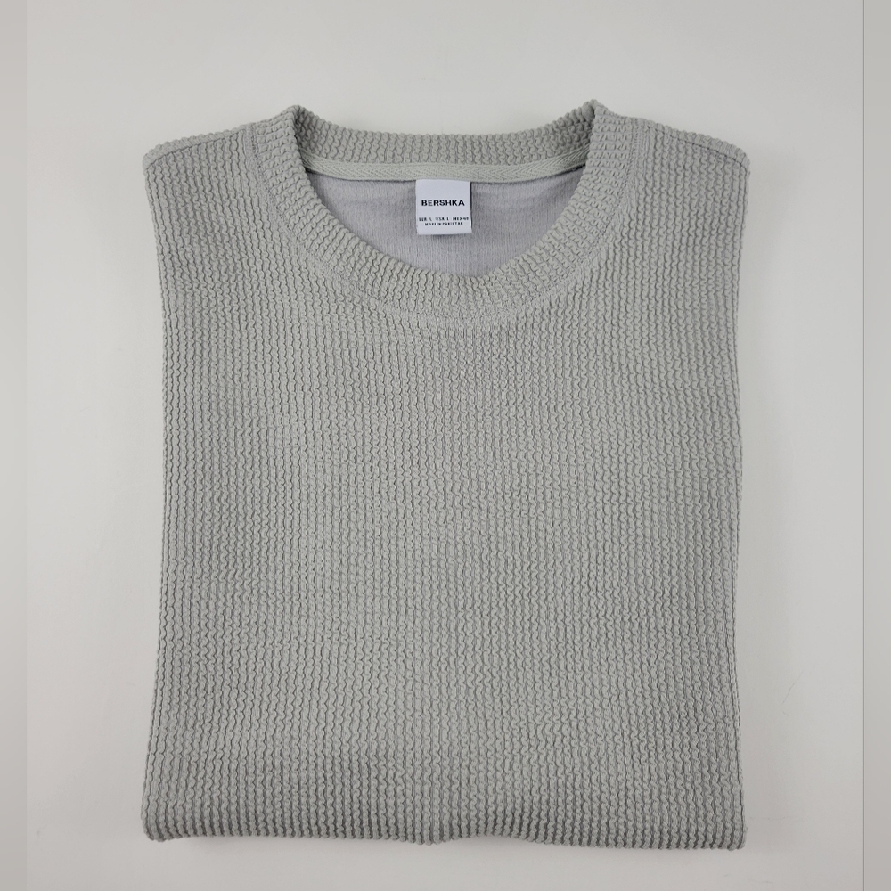 BERSHKA Gray Oversized Textured Men's T-Shirt
